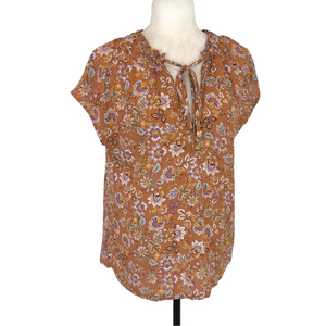 Loft brown floral ruffle collar blouse